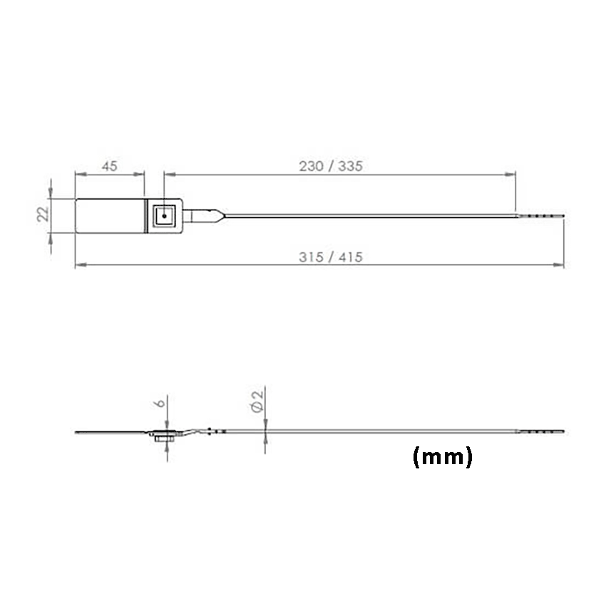 VersaPull - Durchziehplombe mit Metalleinlage (nummeriert) - 2mm Abmessungen