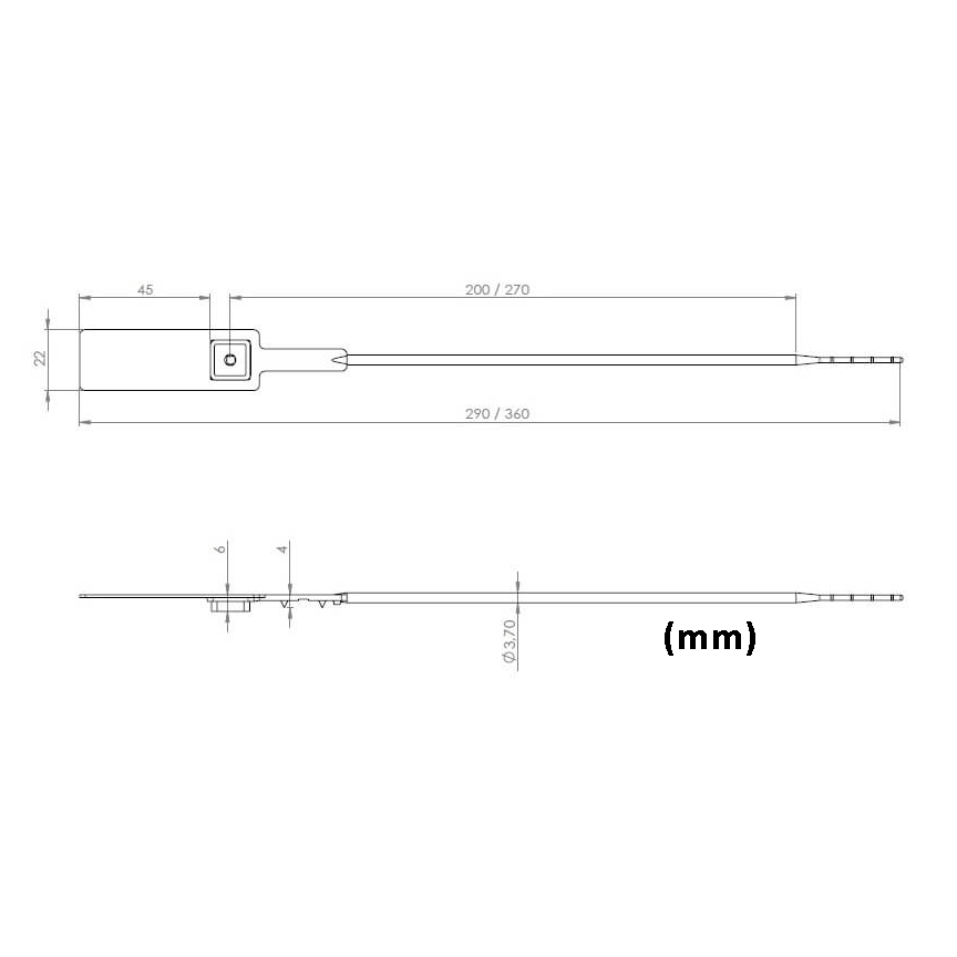 VersaPull - Durchziehplombe mit Metalleinlage (nummeriert) - 3.7mm Abmessungen